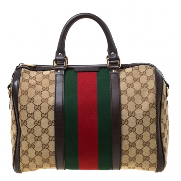 Pre Owned Gucci Brown/Beige GG Canvas Medium Vintage Web Boston Bag