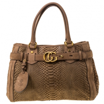 Pre Owned Gucci Brown Python Leather Large GG Running Tote 