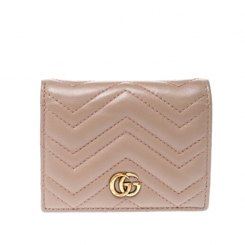Pre Owned Gucci Dark Beige Matelasse Leather GG Marmont Card Case