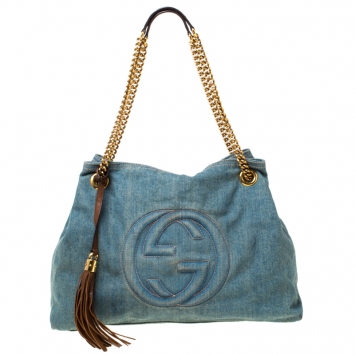 Pre Owned Gucci Blue Distressed Denim Medium Soho Tote        