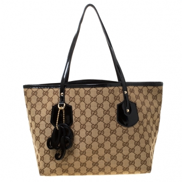 Pre Owned Gucci Beige GG Canvas and Patent Leather Medium Jolie Charm Tote 
