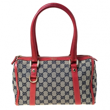 Pre Owned Gucci Beige/Red GG Canvas and Leather D-Ring Boston Bag