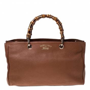 Pre Owned Gucci Tan Leather Medium Bamboo Shopper Tote