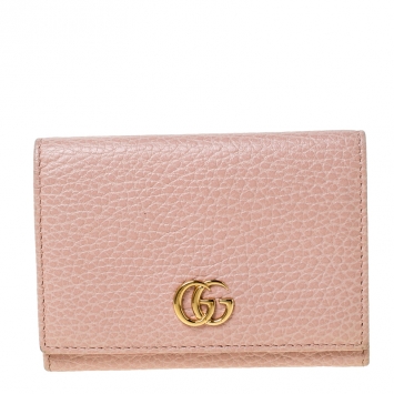 Pre Owned Gucci Pink Pebbled Leather GG Marmont Card Case