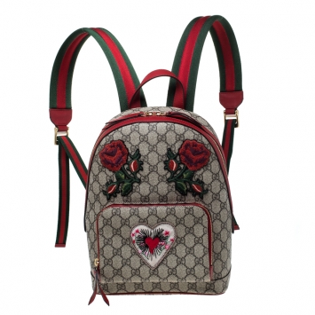 Pre Owned Gucci Beige/Red GG Supreme Canvas Small Embroidered Limited Edition Backpack