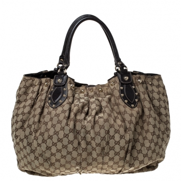 Pre Owned Gucci Beige GG Canvas and Leather Large Studded Pelham Tote 