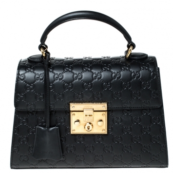 مملوكة مسبقًا Gucci Black Guccissima Leather Small Padlock Top Handle Bag