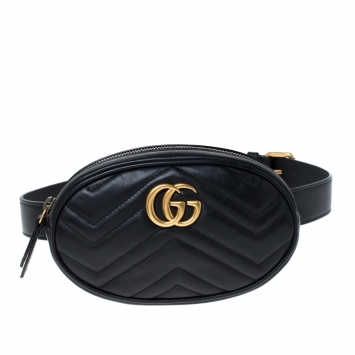 Pre Owned Gucci Black Matelassé Leather GG Marmont Belt Bag