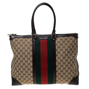 Pre Owned Gucci Beige/Brown GG Canvas and Leather Web Rania Tote