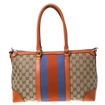 Pre Owned Gucci Beige/Orange GG Canvas and Leather Large Web Treasure Tote