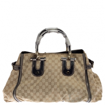 Pre Owned Gucci Beige GG Canvas and Patent Leather Pop Bamboo Handle Tote