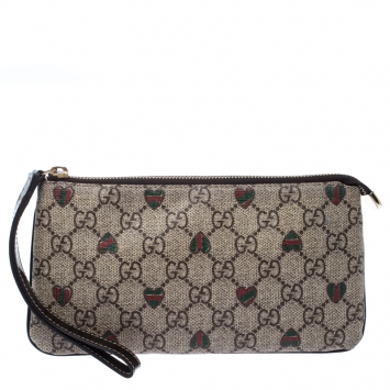 Pre Owned Gucci Beige/Brown GG Supreme Canvas Love Wristlet Clutch