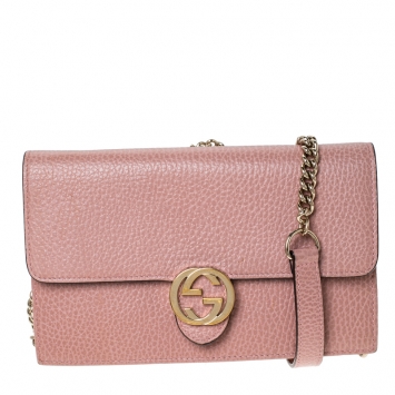 Pre Owned Gucci Nude Pink Leather Interlocking G Wallet On Chain