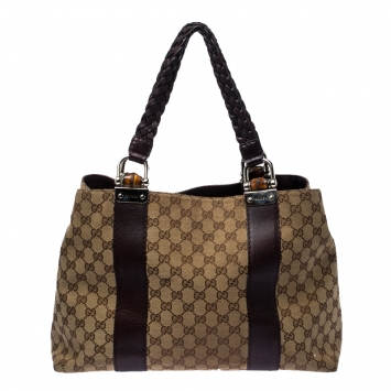 Pre Owned Gucci Beige/Purple GG Canvas Medium Bamboo Bar Tote