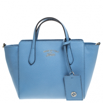 Pre Owned Gucci Sky Blue Pebbled Calfskin Leather Mini Swing Tote 