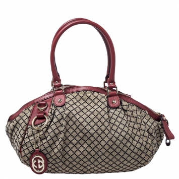 Pre Owned Gucci Beige/Red GG Canvas and Leather Medium Sukey Boston Bag