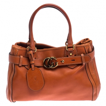 Pre Owned Gucci Orange Leather Medium GG Running Tote