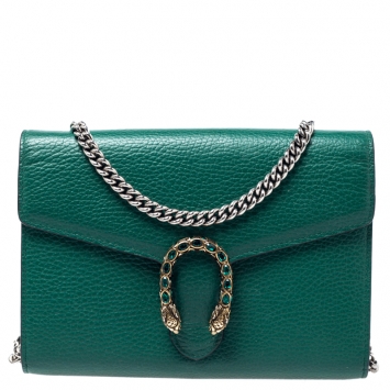 Pre Owned Gucci Green Leather Dionysus Wallet On Chain           
