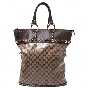 Pre Owned Gucci Beige/Brown GG Crystal Canvas and Leather Medium Studded Babouska Tote 