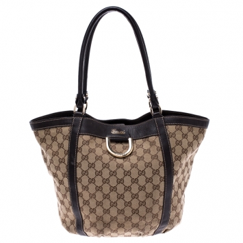 Pre Owned Gucci Beige/Dark Brown GG Canvas and Leather D Ring Tote