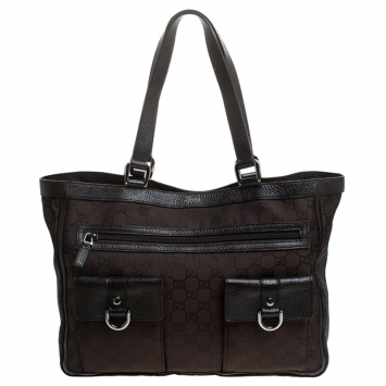 Pre Owned Gucci Dark Brown GG Nylon and Leather Abbey Pocket Tote