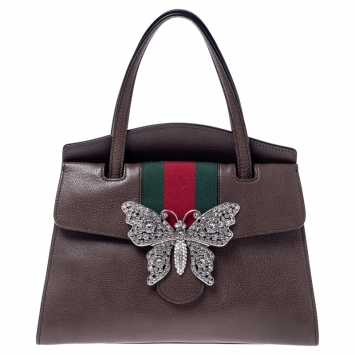 Pre Owned Gucci Brown Leather Medium Web Butterfly Embellished Medium Linea Totem Tote 