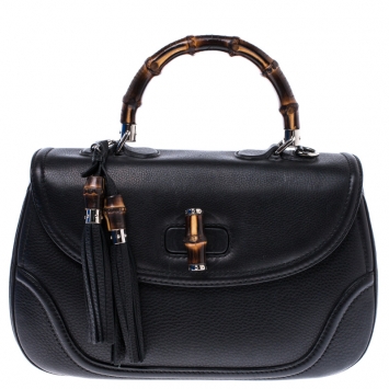 Pre Owned Gucci Black Leather Large New Bamboo Tassel Top Handle Bag
