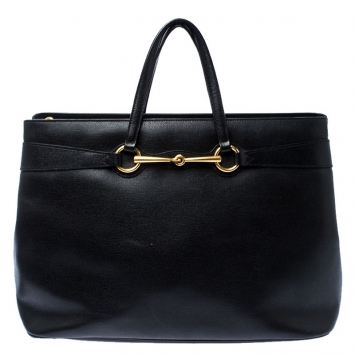 Pre Owned Gucci Black Leather Large Bright Bit Tote