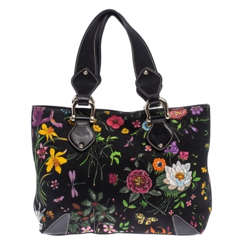 Pre Owned Gucci Multicolor Floral Print Canvas and Leather Tote