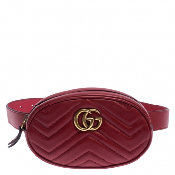 Pre Owned Gucci Red Matelassé Leather GG Marmont Belt Bag