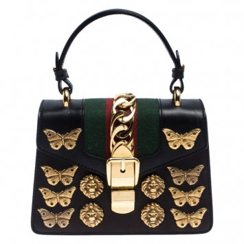 Pre Owned Gucci Black Leather Mini Sylvie Animal Stud Embellished Top Handle Bag