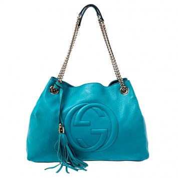 Pre Owned Gucci Turquoise Pebbled Leather Medium Soho Tote