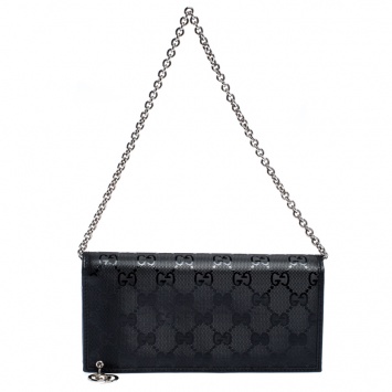 Pre Owned Gucci Black GG Imprime Coated Canvas Wallet on Chain