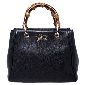 Pre Owned Gucci Black Leather Mini Bamboo Top Handle Bag