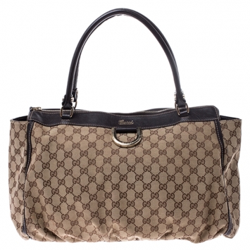 Pre Owned Gucci Beige/Brown GG Canvas and Leather D Ring Tote