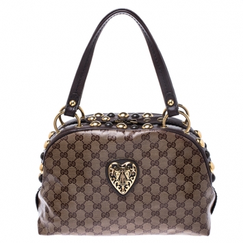 Pre Owned Gucci Brown/Beige GG Crystal Canvas Babouska Heart Dome Satchel