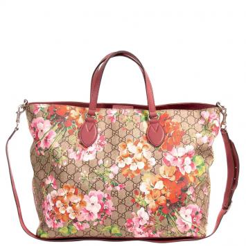 Pre Owned Gucci Gray/Brown GG Blooms Coated Canvas Shopper Tote Bag