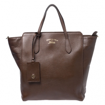 Pre Owned Gucci Dark Brown Leather Medium Swing Tote