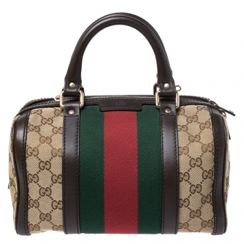 Pre Owned Gucci Dark Brown/Beige GG Canvas and Leather Small Vintage Web Boston Bag