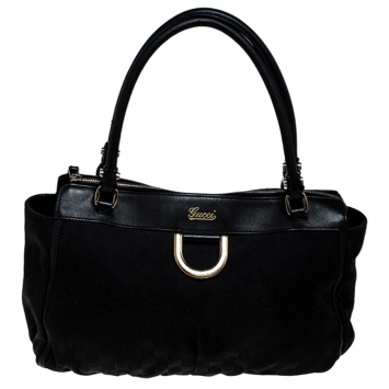 Pre Owned Gucci Black GG Canvas and Leather D Ring Tote
