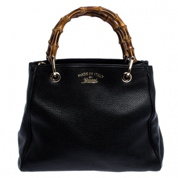 Pre Owned Gucci Black Leather Small Bamboo Shopper Tote 