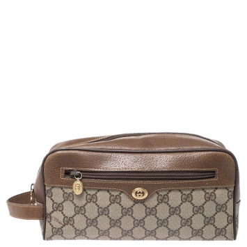 Pre Owned Gucci Brown GG Supreme Coated Canvas and Leather Vintage Cosmetic Pouch