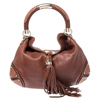 Pre Owned Gucci Brown Leather Medium Babouska Indy Top Handle Bag