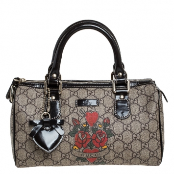 Pre Owned Gucci Dark Brown/Beige Heart Tattoo GG Supreme Canvas and Leather Small Joy Boston Bag