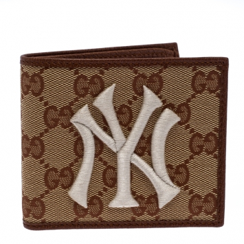 Pre Owned Gucci Beige/Brown GG Canvas New York Yankees Patch Bifold Wallet
