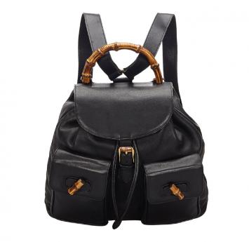 Pre Owned Gucci Black Bamboo Leather Drawstring Backpack