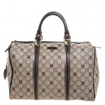 Pre Owned Gucci Brown/Beige GG Supreme Canvas Medium Tattoo Hearts Joy Boston Bag