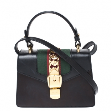 Pre Owned Gucci Black Leather Mini Sylvie Top Handle Bag