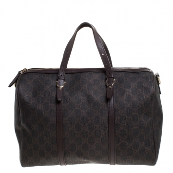 Pre Owned Gucci Dark Brown GG Supreme Canvas and Leather Medium Joy Boston Bag