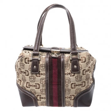 Pre Owned Gucci Beige/Brown Horsebit Canvas and Leather Small Treasure Boston Bag